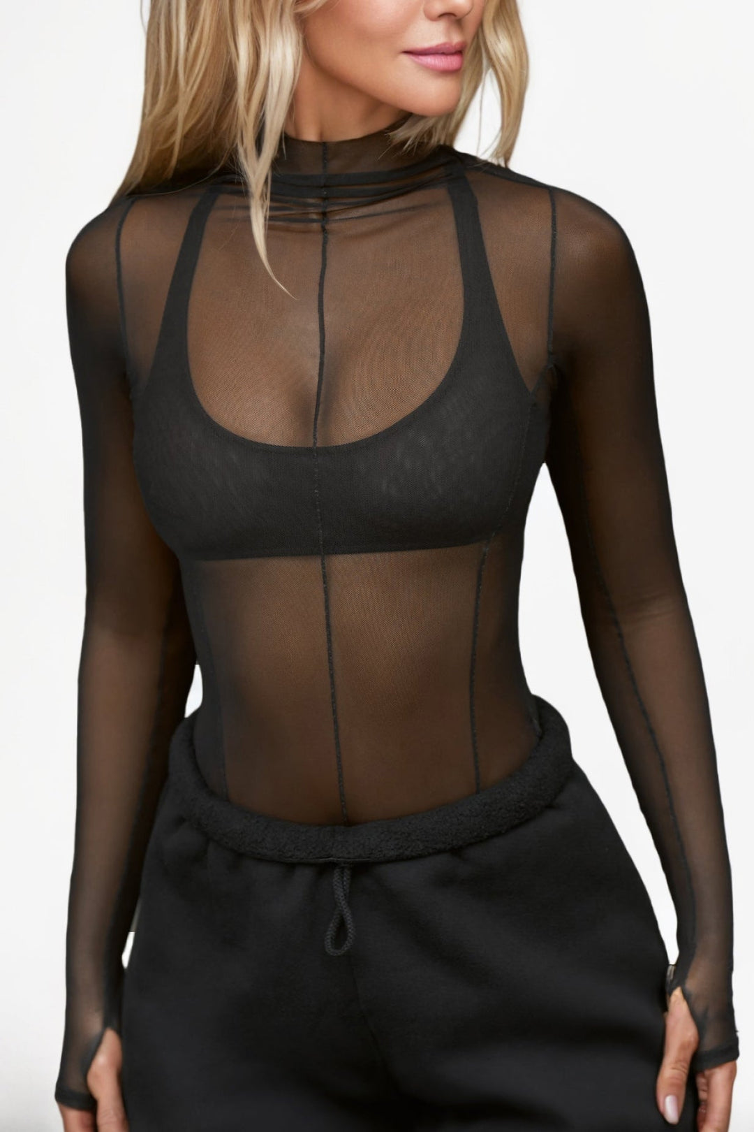 Women's Mesh Mock Neck Long Sleeve Top for Stylish Layering