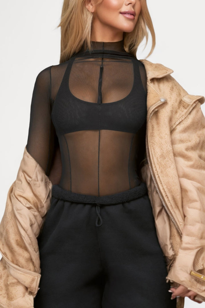 Women's Mesh Mock Neck Long Sleeve Top for Stylish Layering