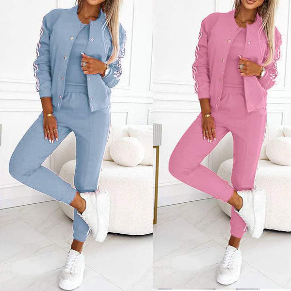 Women's Three-Piece Baseball Jacket and Pants Set - Stylish Athletic Outfit