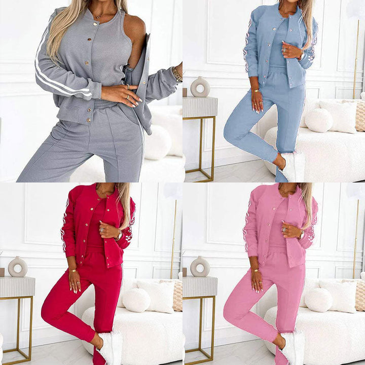 Women's Three-Piece Baseball Jacket and Pants Set - Stylish Athletic Outfit