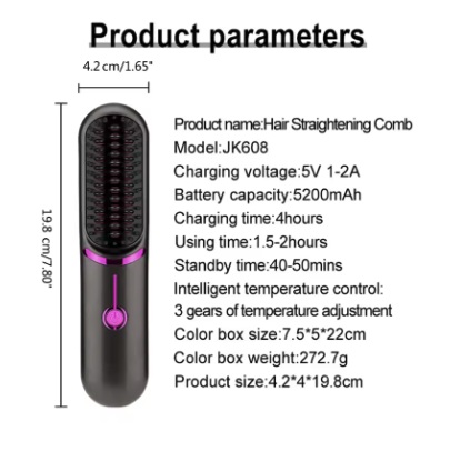 Portable Wireless Electric Hair Straightening Brush - Rechargeable Cordless Heating Comb for Effortless Styling