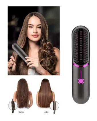 Portable Wireless Electric Hair Straightening Brush - Rechargeable Cordless Heating Comb for Effortless Styling