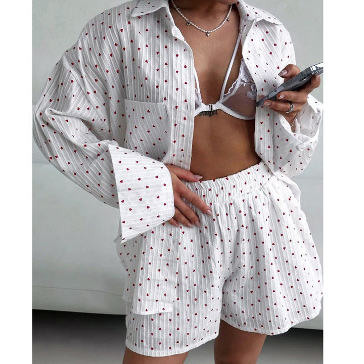 Women's Cotton Long Sleeve Pajama Set with Stylish Turn-Down Collar