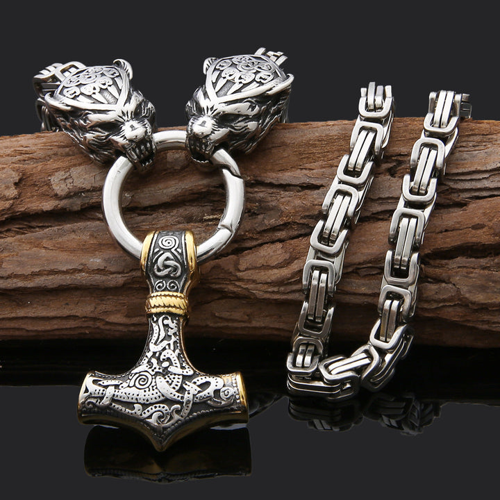 Men's Viking-Inspired Stainless Steel Pendant Necklace with Tiger Head and Thor's Hammer Design