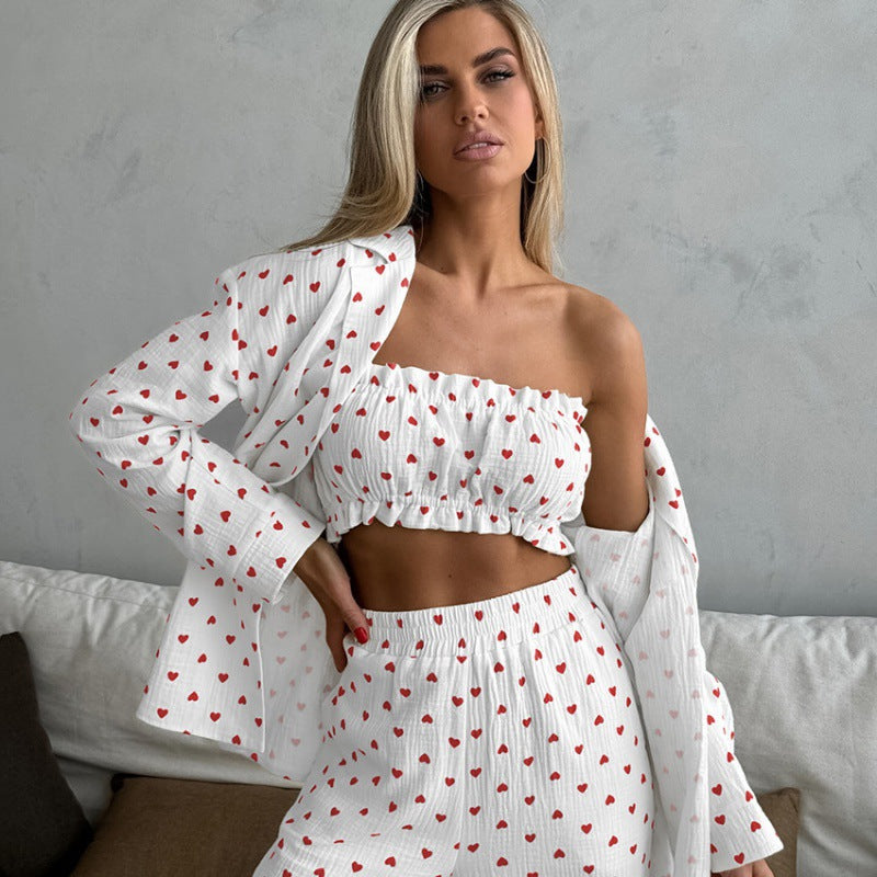 Women's 3-Piece Cotton Pajama Set with Heart Pattern Long Sleeve Top, Strapless Camisole and Full-Length Pants