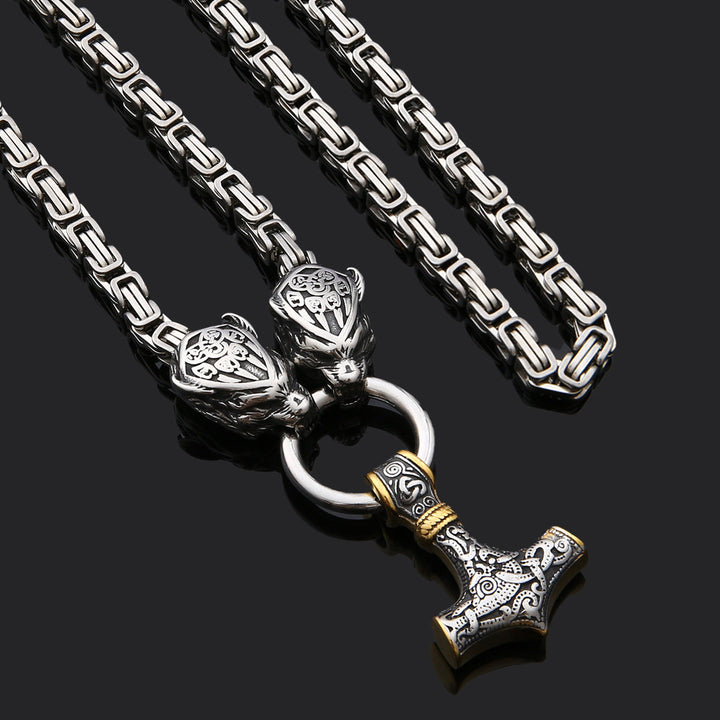Men's Viking-Inspired Stainless Steel Pendant Necklace with Tiger Head and Thor's Hammer Design