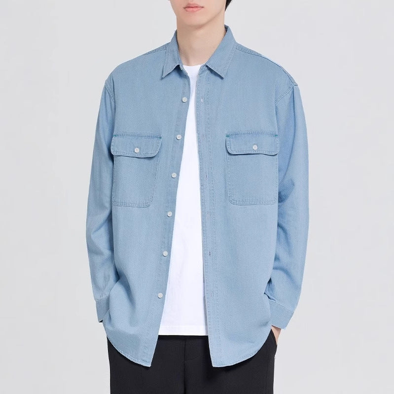 Men's 7.5oz Solid Color Button-Up Shirts with Decorative Stitching
