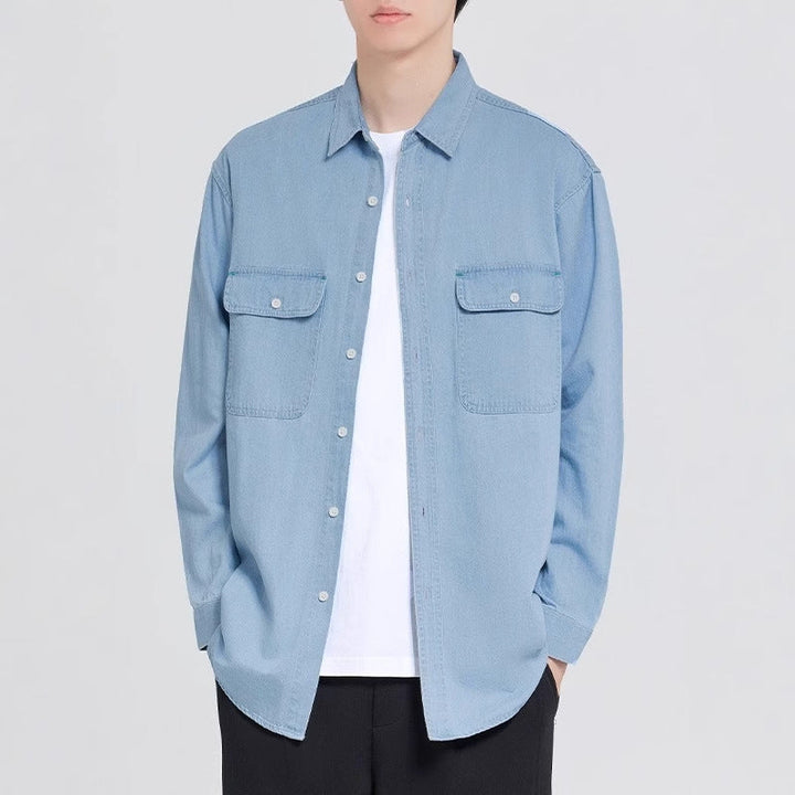 Men's 7.5oz Solid Color Button-Up Shirts with Decorative Stitching