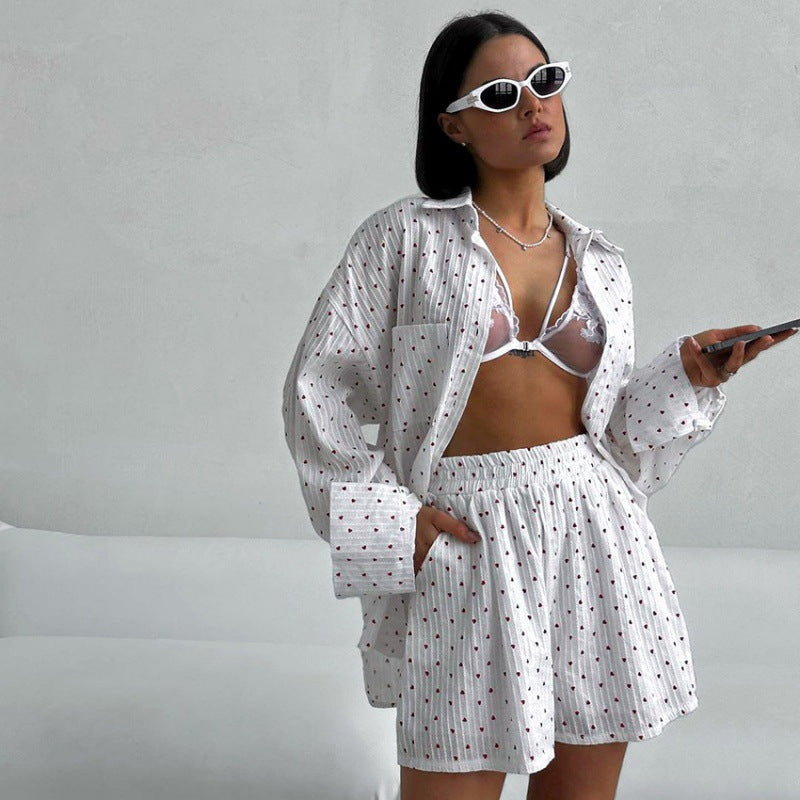 Women's Cotton Long Sleeve Pajama Set with Stylish Turn-Down Collar
