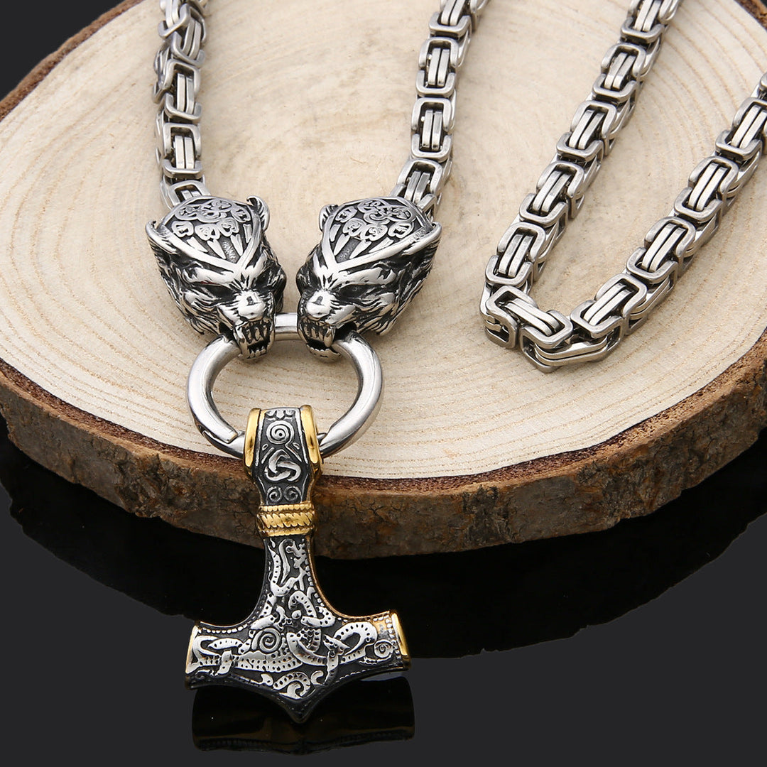 Men's Viking-Inspired Stainless Steel Pendant Necklace with Tiger Head and Thor's Hammer Design