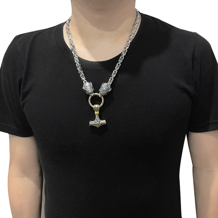 Men's Viking-Inspired Stainless Steel Pendant Necklace with Tiger Head and Thor's Hammer Design