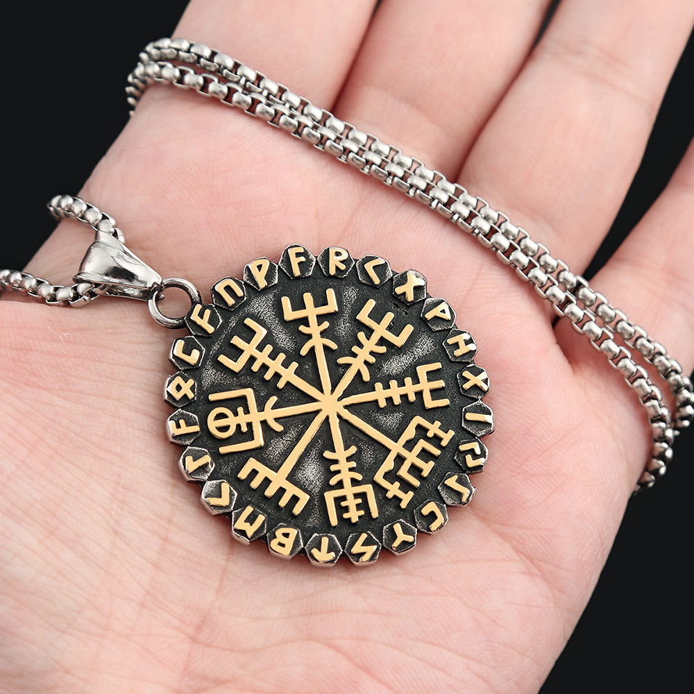 Double-Sided Runic Necklace Featuring Vegvisir and Aegishjalmur Symbols
