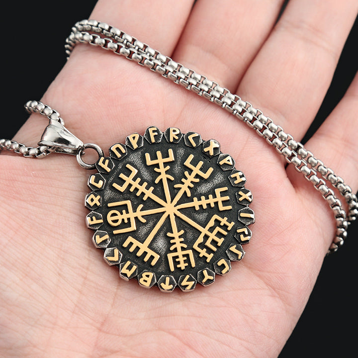 Double-Sided Runic Necklace Featuring Vegvisir and Aegishjalmur Symbols