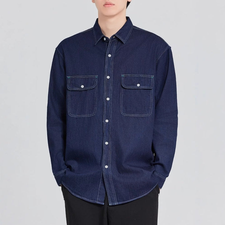 Men's 7.5oz Solid Color Button-Up Shirts with Decorative Stitching