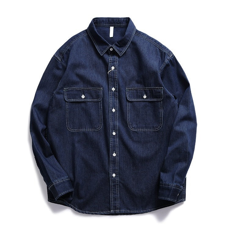 Men's 7.5oz Solid Color Button-Up Shirts with Decorative Stitching