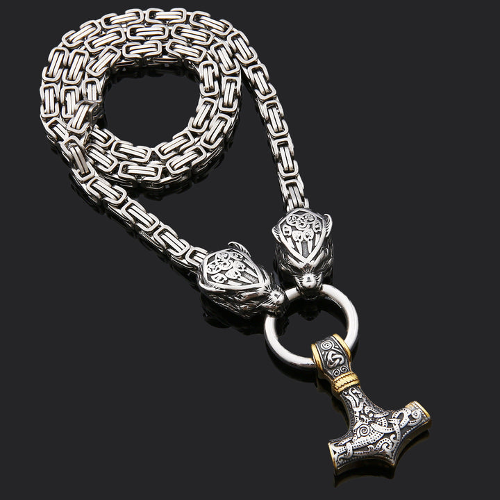 Men's Viking-Inspired Stainless Steel Pendant Necklace with Tiger Head and Thor's Hammer Design