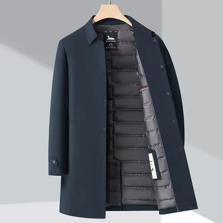 Men's Insulated Long Down Trench Coat for Maximum Warmth and Stylish Comfort