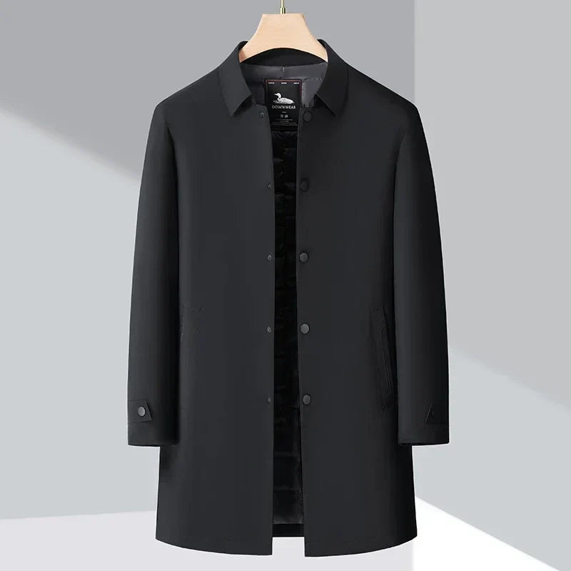 Men's Insulated Long Down Trench Coat for Maximum Warmth and Stylish Comfort