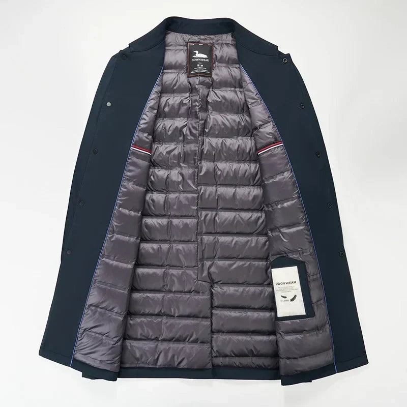 Men's Insulated Long Down Trench Coat for Maximum Warmth and Stylish Comfort