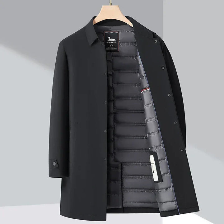 Men's Insulated Long Down Trench Coat for Maximum Warmth and Stylish Comfort