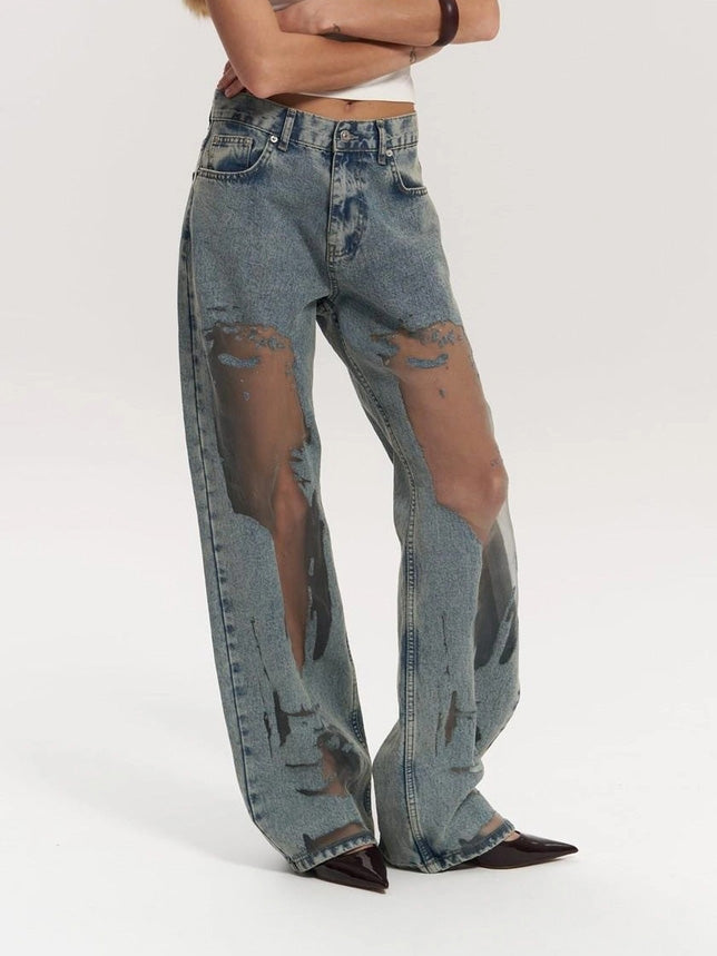 Women's Blue Transparent High-Waisted Jeans for Stylish Casual Wear