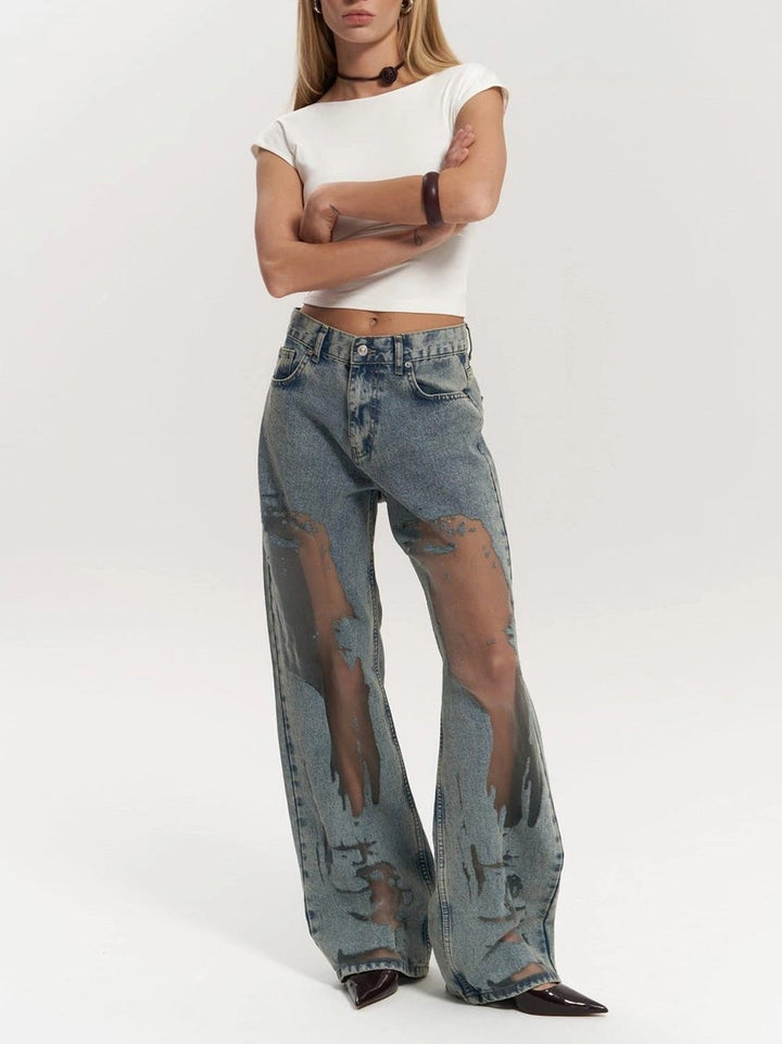 Women's Blue Transparent High-Waisted Jeans for Stylish Casual Wear