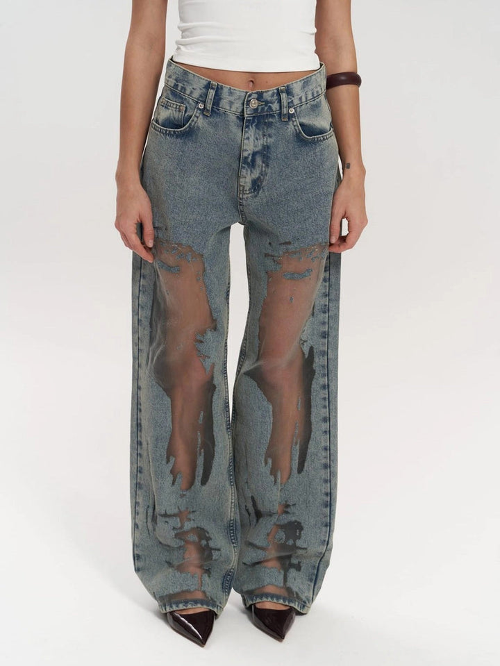 Women's Blue Transparent High-Waisted Jeans for Stylish Casual Wear