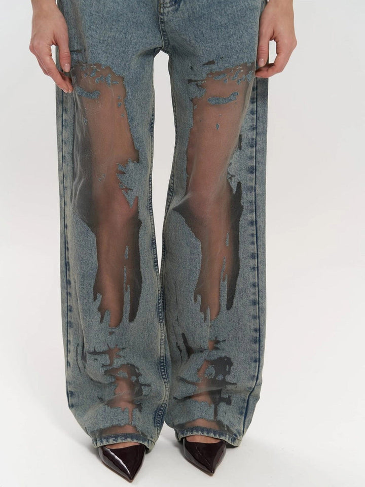Women's Blue Transparent High-Waisted Jeans for Stylish Casual Wear