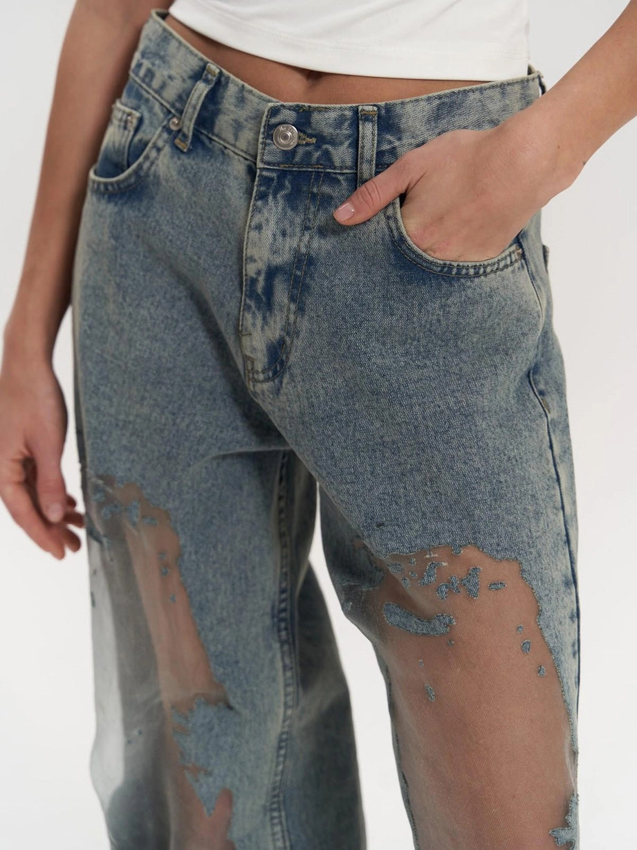 Women's Blue Transparent High-Waisted Jeans for Stylish Casual Wear