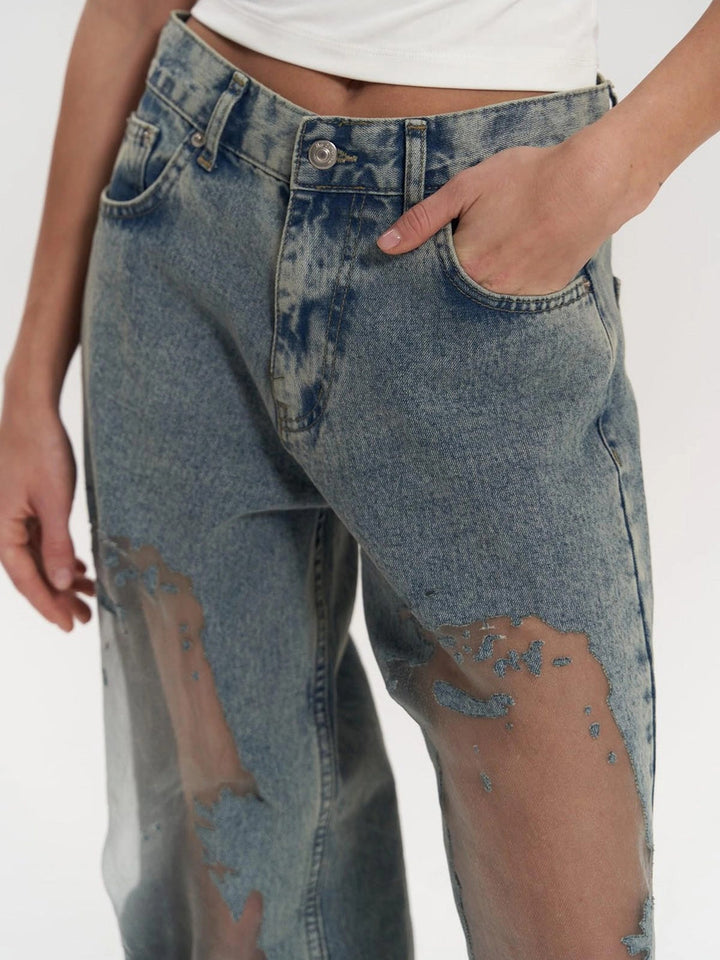 Women's Blue Transparent High-Waisted Jeans for Stylish Casual Wear