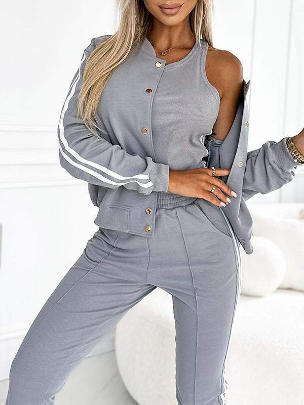 Women's Three-Piece Baseball Jacket and Pants Set - Stylish Athletic Outfit