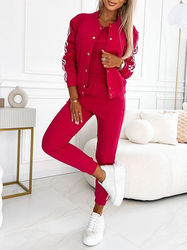 Women's Three-Piece Baseball Jacket and Pants Set - Stylish Athletic Outfit