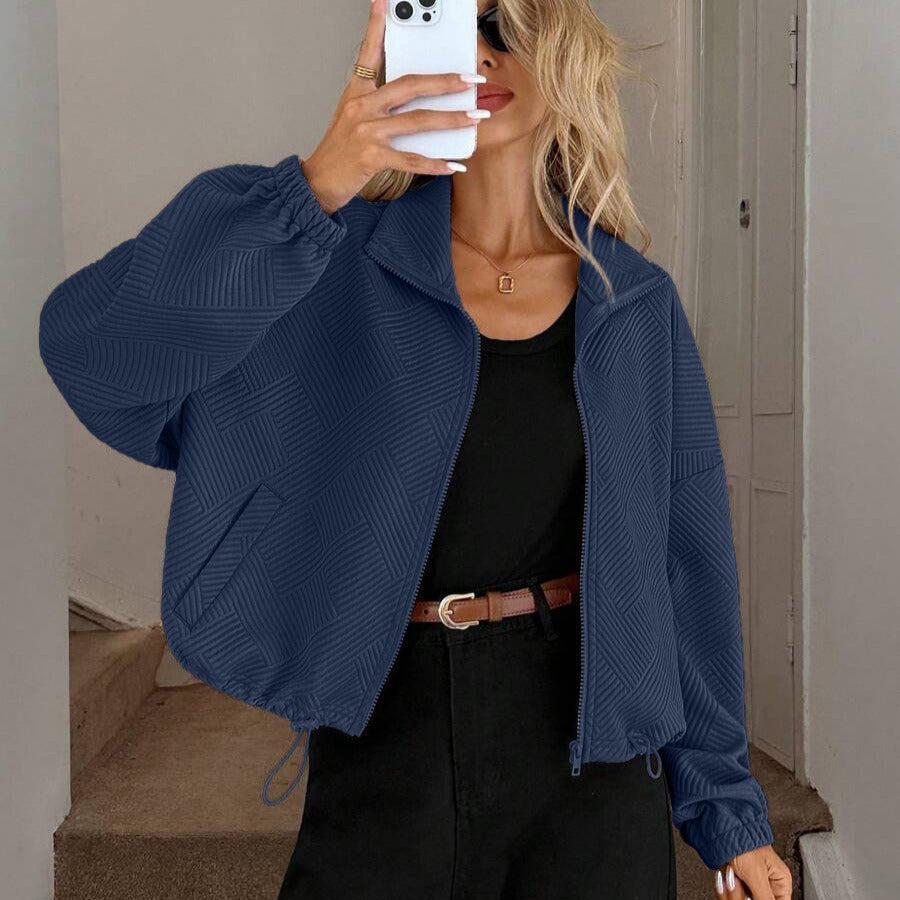 Women’s Loose Baseball Jacket – High Collar Zip-Up with Drawstring Hem