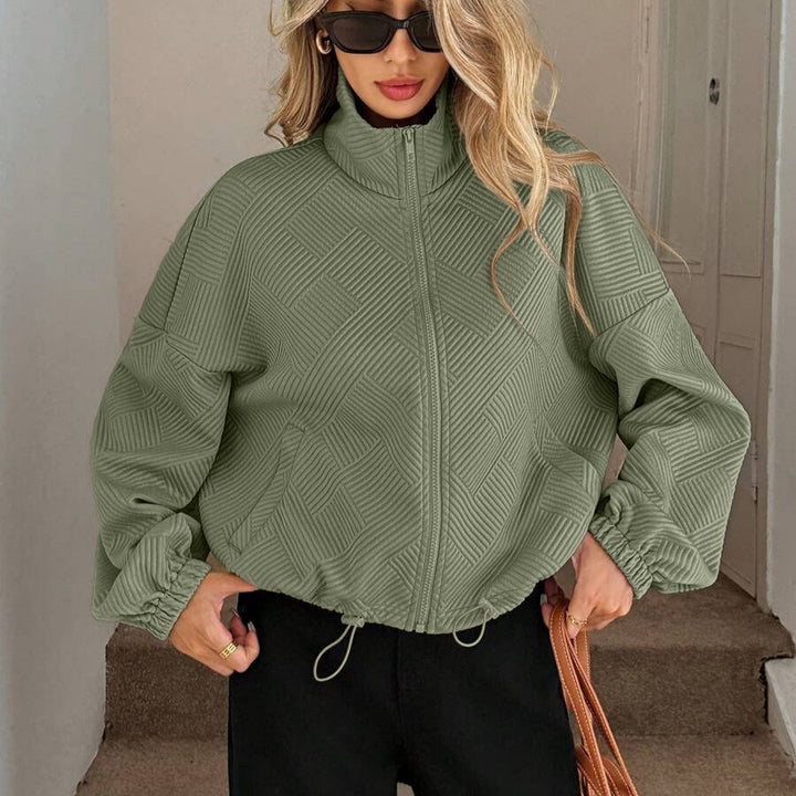 Women’s Loose Baseball Jacket – High Collar Zip-Up with Drawstring Hem