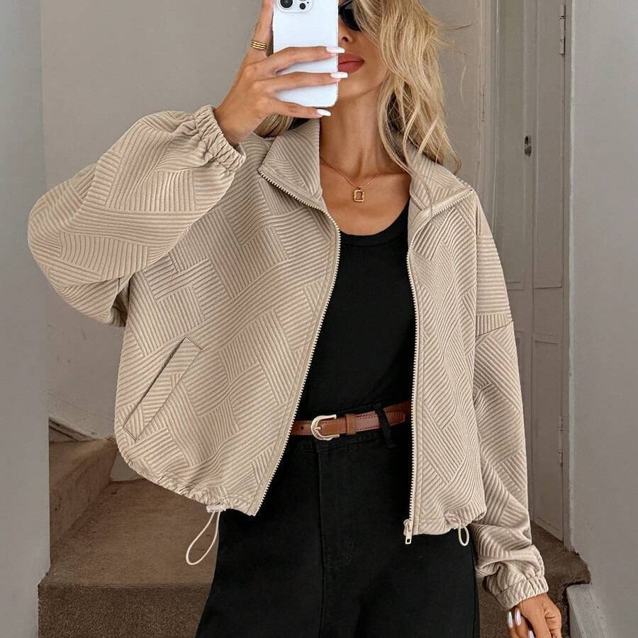 Women’s Loose Baseball Jacket – High Collar Zip-Up with Drawstring Hem
