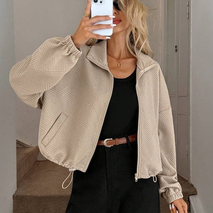 Women’s Loose Baseball Jacket – High Collar Zip-Up with Drawstring Hem