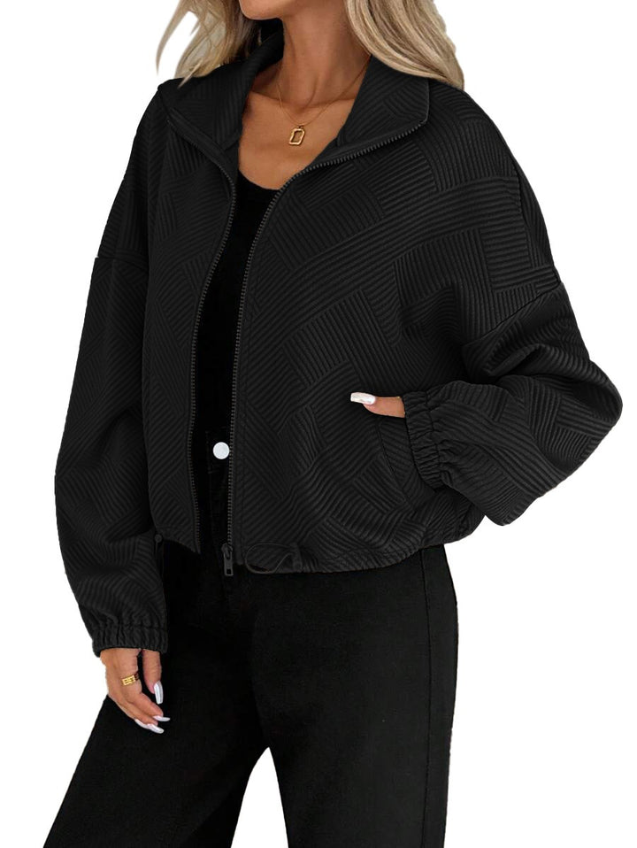 Women’s Loose Baseball Jacket – High Collar Zip-Up with Drawstring Hem