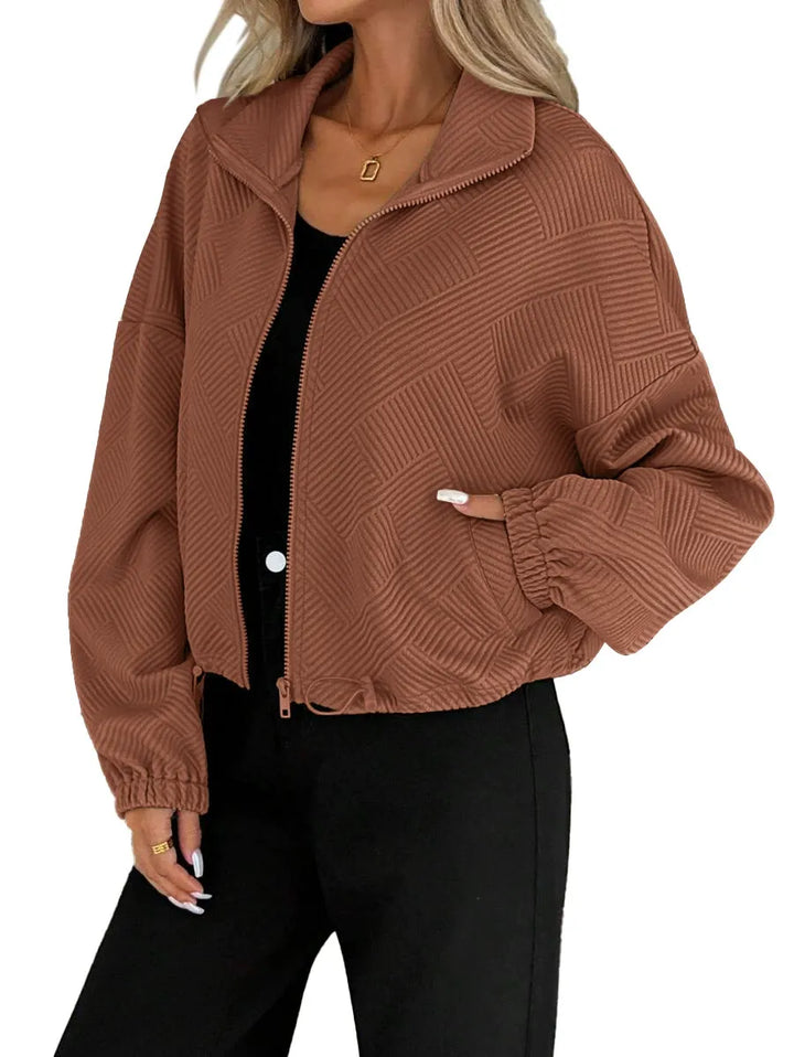 Women’s Loose Baseball Jacket – High Collar Zip-Up with Drawstring Hem
