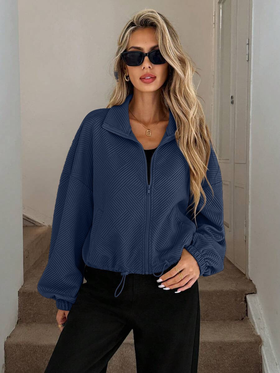 Women’s Loose Baseball Jacket – High Collar Zip-Up with Drawstring Hem