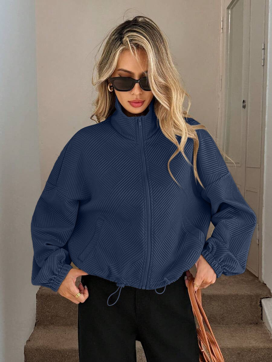 Women’s Loose Baseball Jacket – High Collar Zip-Up with Drawstring Hem