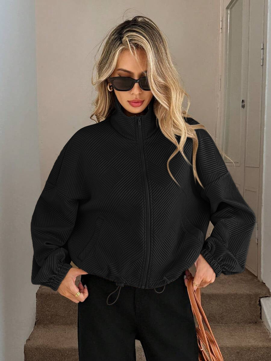 Women’s Loose Baseball Jacket – High Collar Zip-Up with Drawstring Hem