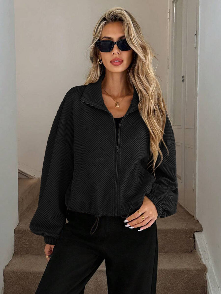 Women’s Loose Baseball Jacket – High Collar Zip-Up with Drawstring Hem