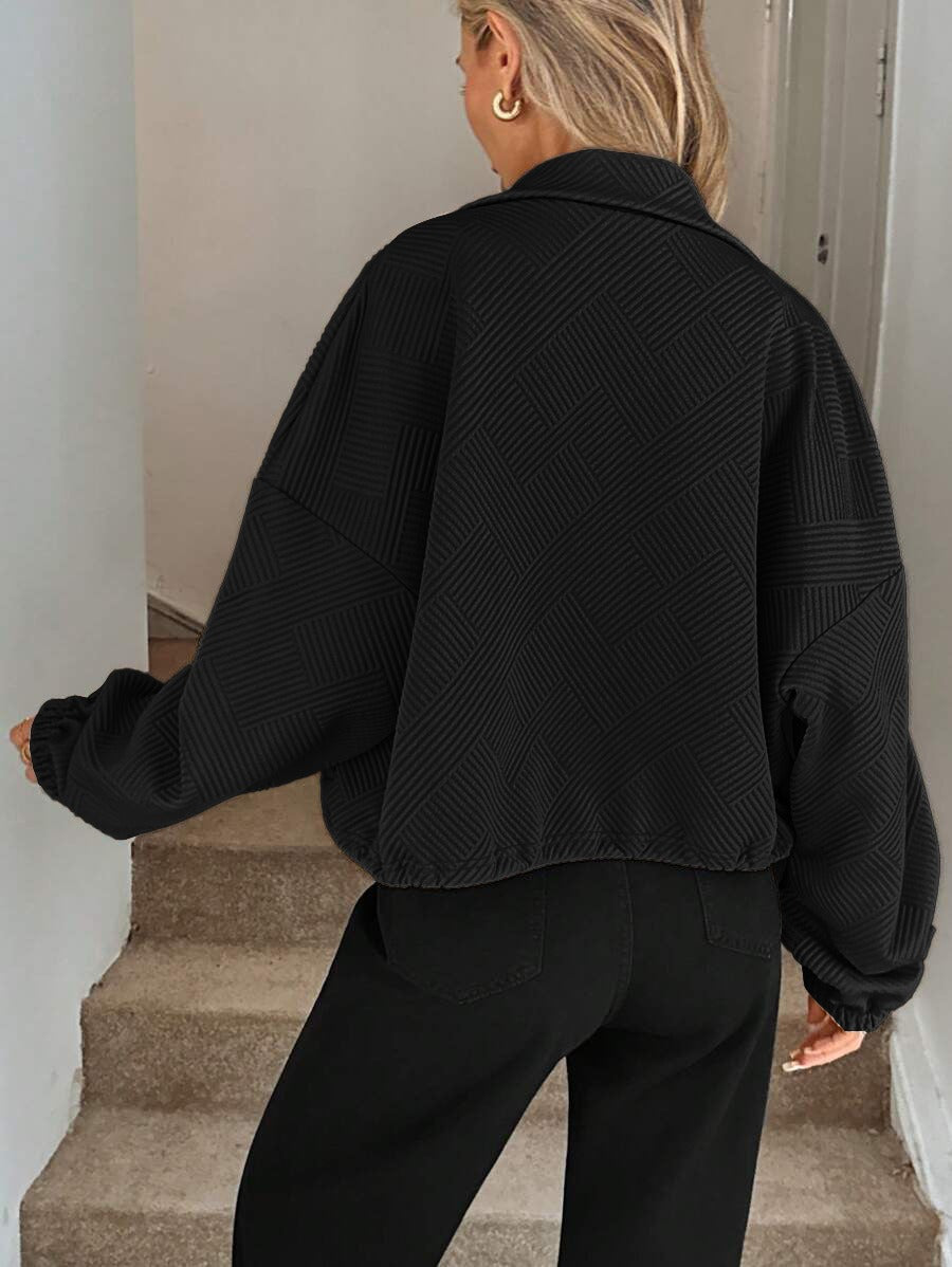 Women’s Loose Baseball Jacket – High Collar Zip-Up with Drawstring Hem