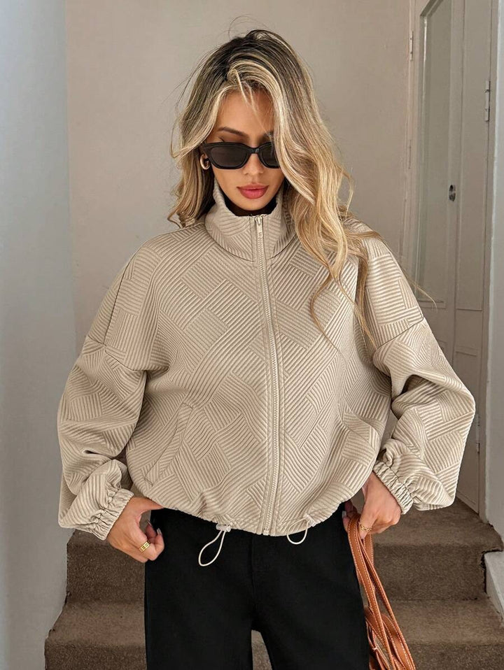 Women’s Loose Baseball Jacket – High Collar Zip-Up with Drawstring Hem