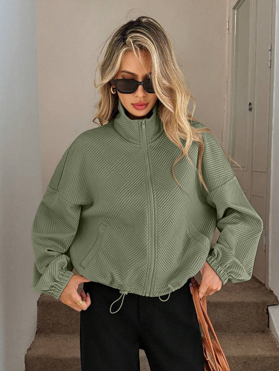 Women’s Loose Baseball Jacket – High Collar Zip-Up with Drawstring Hem
