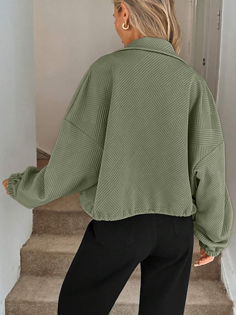 Women’s Loose Baseball Jacket – High Collar Zip-Up with Drawstring Hem