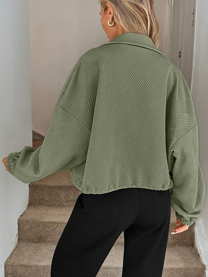 Women’s Loose Baseball Jacket – High Collar Zip-Up with Drawstring Hem