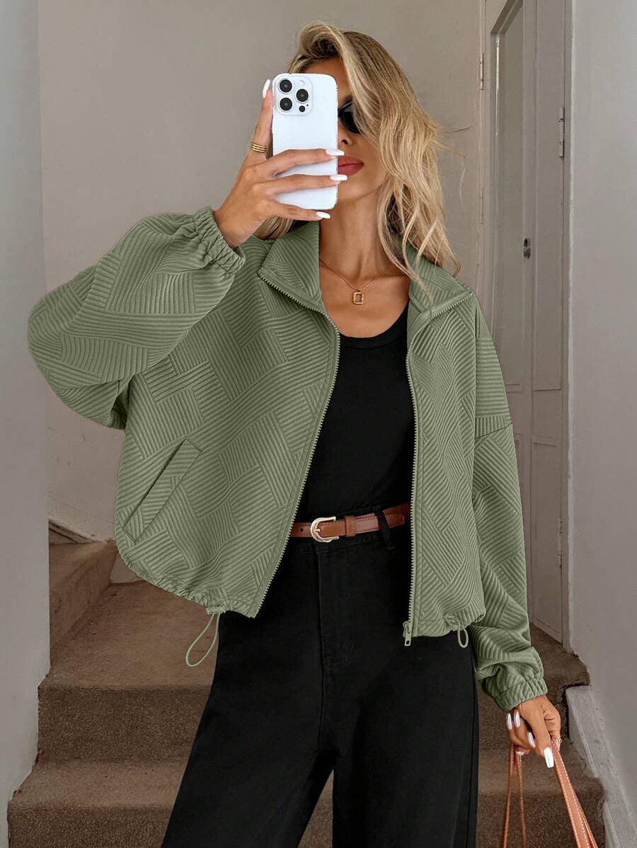 Women’s Loose Baseball Jacket – High Collar Zip-Up with Drawstring Hem