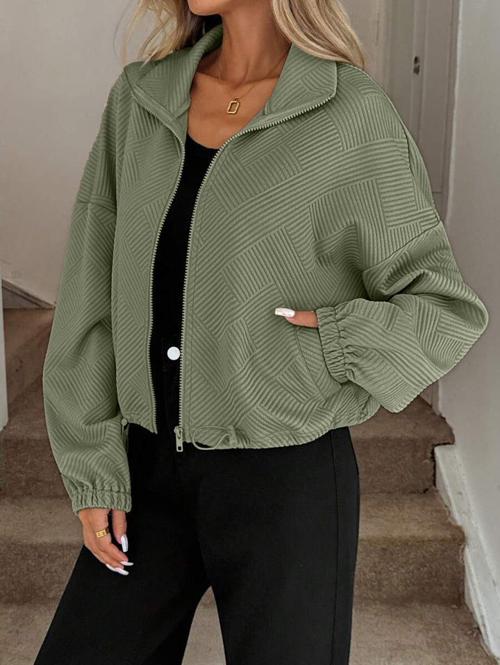 Women’s Loose Baseball Jacket – High Collar Zip-Up with Drawstring Hem