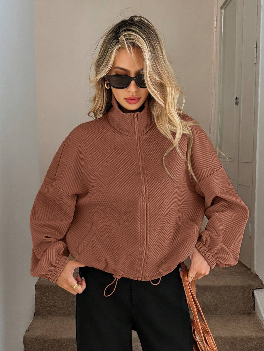 Women’s Loose Baseball Jacket – High Collar Zip-Up with Drawstring Hem